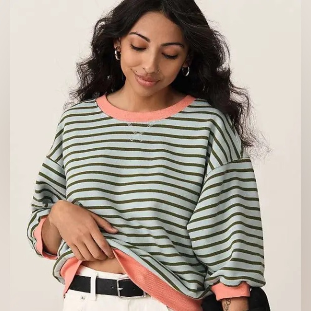 NWT Anthropologie Green and Coral Striped Sweater